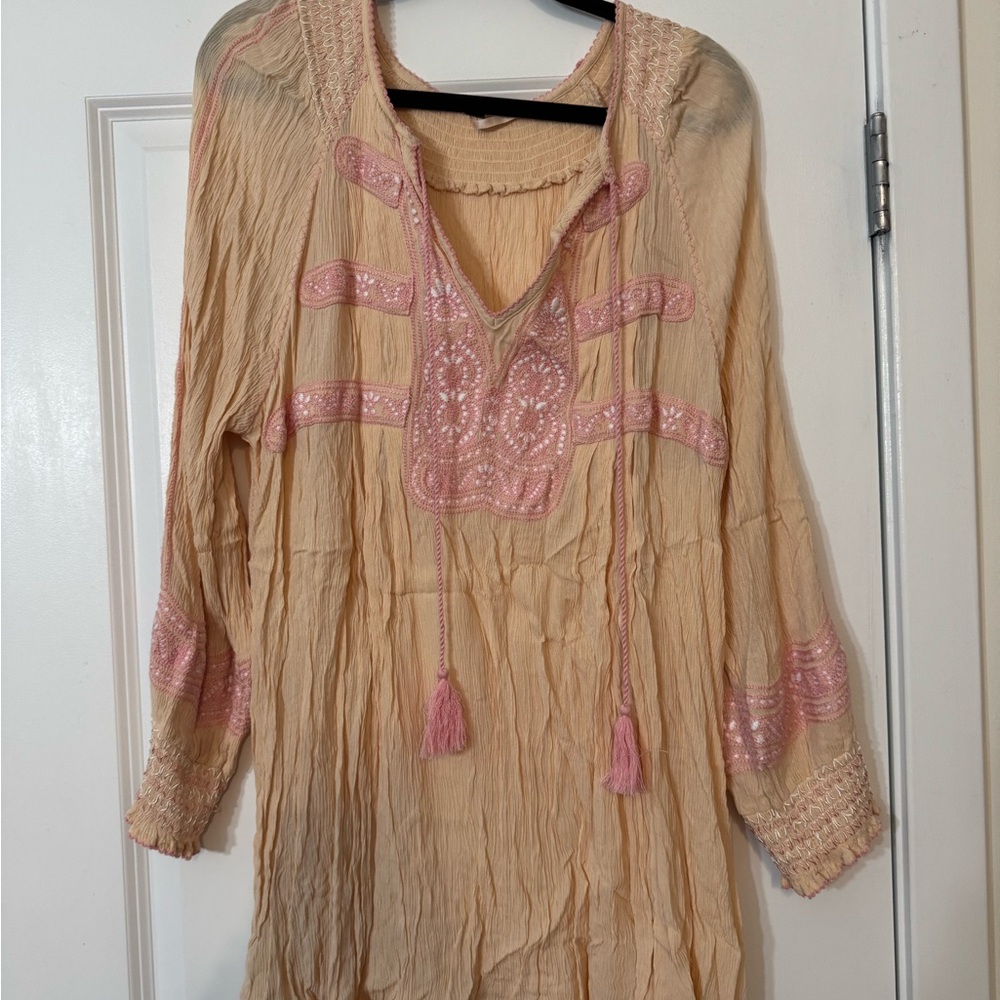 Free People Embroidered Women's Tunic Dress - Pink and Cream